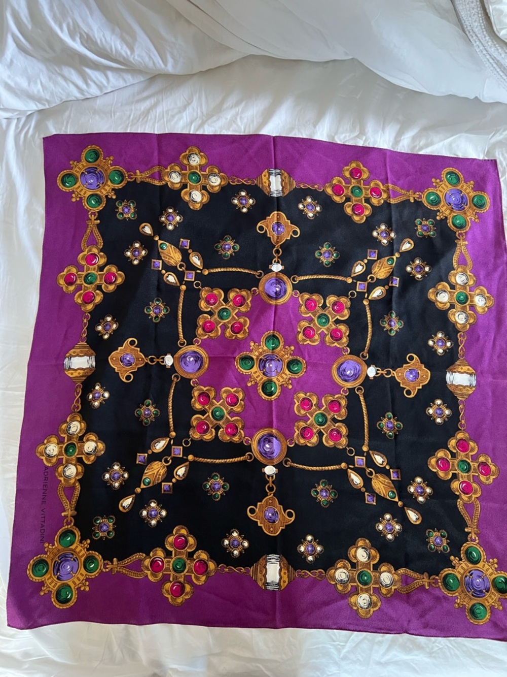 Adrienne Vittadini Square Scarf Jewelry Chain Print Purple Gold Vintage Style